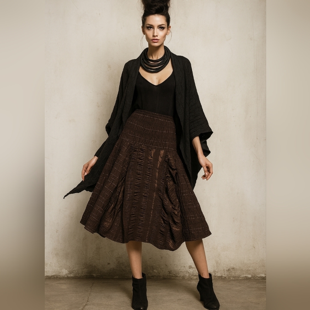 Rinascimento Asymmetric Lagenlook Skirt Size M Brown Adjustable Cinch Detail